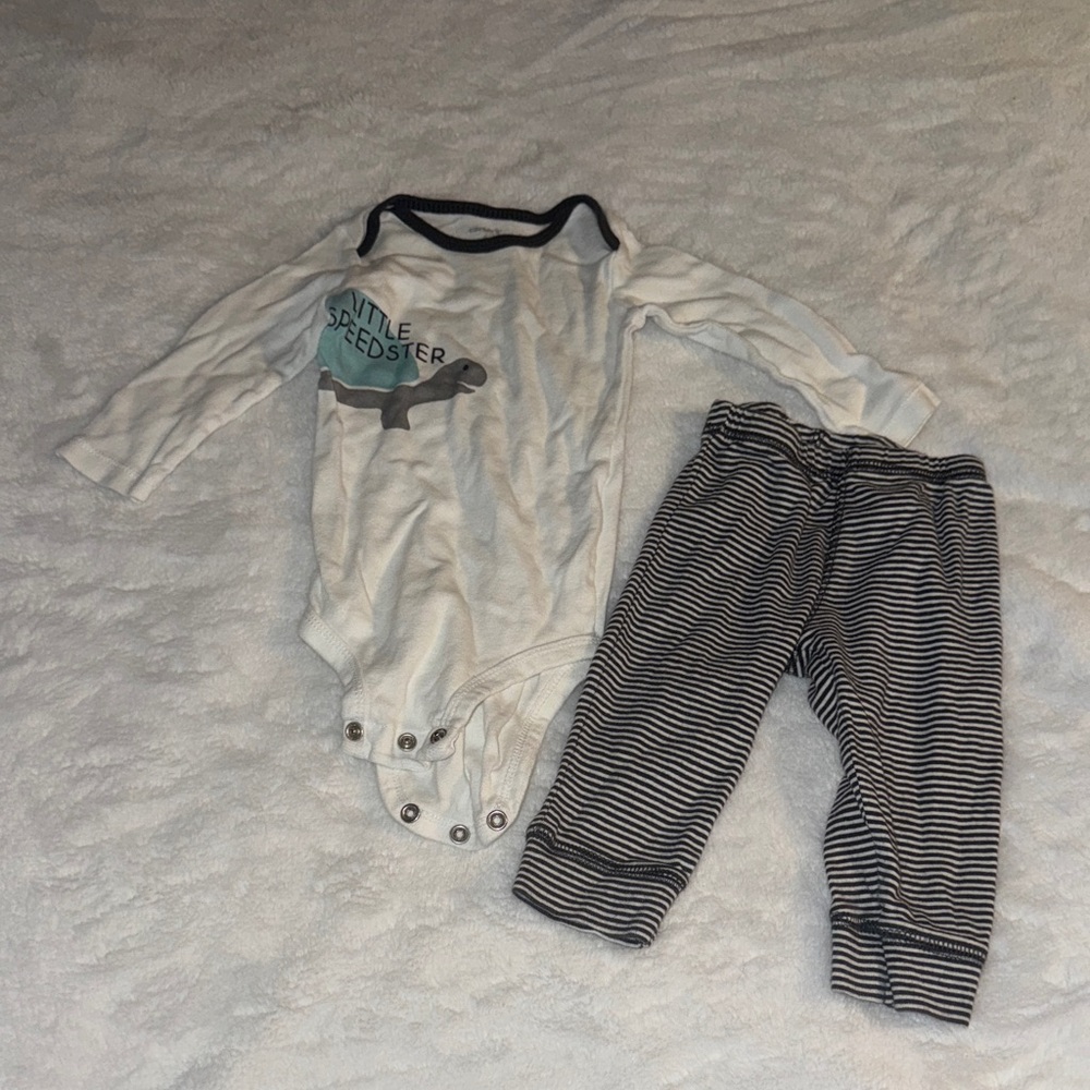 Carter's 6M White Bodysuit with turtle and Striped Pants